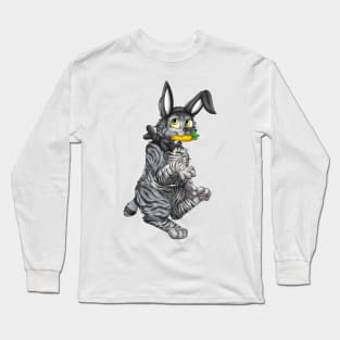 Bobtail BunnyCat: Grey Tabby (Black) Long Sleeve T-Shirt